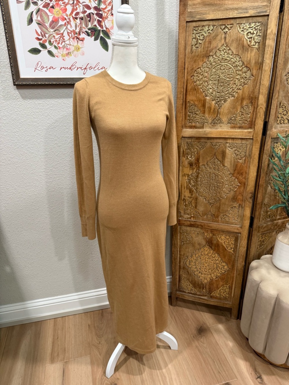French Connection Camel Knit Long-Sleeve Midi Dress 0007
